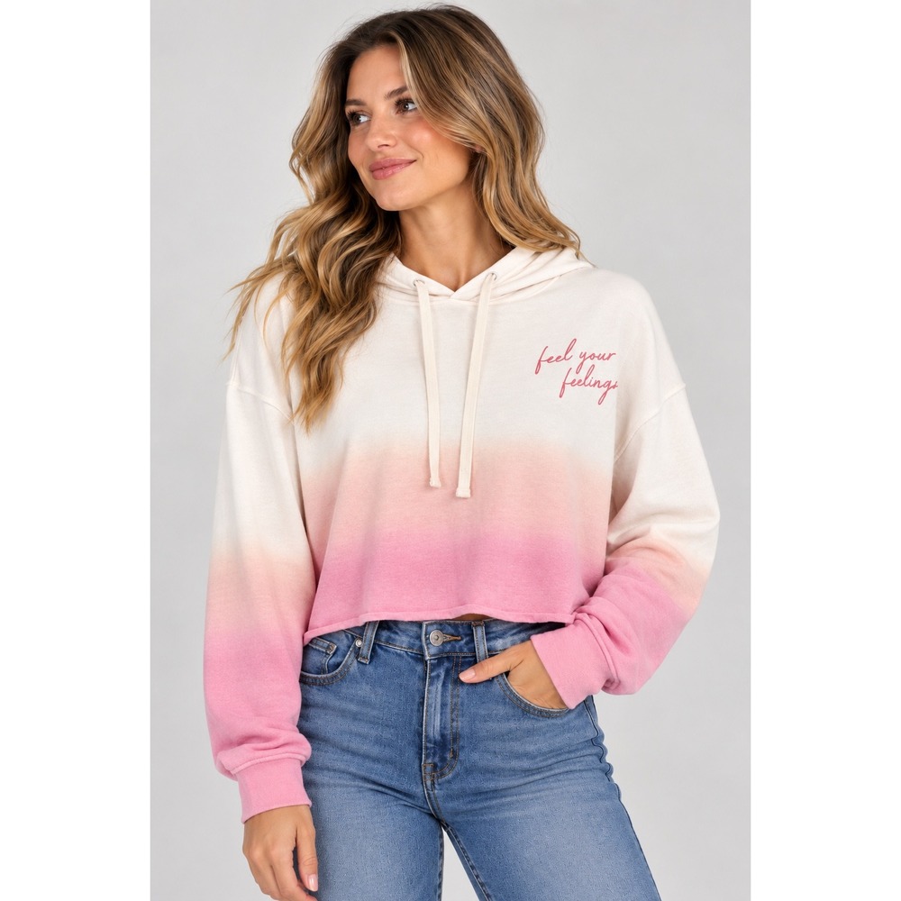 Pura Vida Feel Your Feelings Crop Ombre Hoodie Pink White Medium New Athleisure